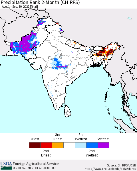 Southern Asia Precipitation Rank since 1981, 2-Month (CHIRPS) Thematic Map For 8/1/2022 - 9/30/2022