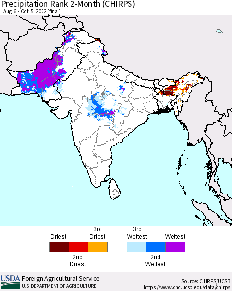 Southern Asia Precipitation Rank since 1981, 2-Month (CHIRPS) Thematic Map For 8/6/2022 - 10/5/2022