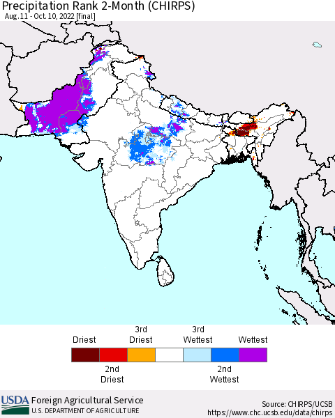 Southern Asia Precipitation Rank since 1981, 2-Month (CHIRPS) Thematic Map For 8/11/2022 - 10/10/2022