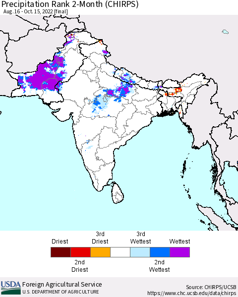 Southern Asia Precipitation Rank since 1981, 2-Month (CHIRPS) Thematic Map For 8/16/2022 - 10/15/2022