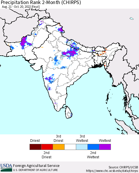 Southern Asia Precipitation Rank since 1981, 2-Month (CHIRPS) Thematic Map For 8/21/2022 - 10/20/2022