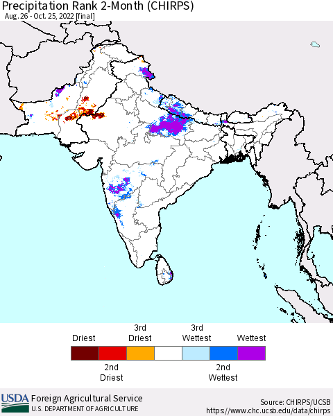 Southern Asia Precipitation Rank since 1981, 2-Month (CHIRPS) Thematic Map For 8/26/2022 - 10/25/2022