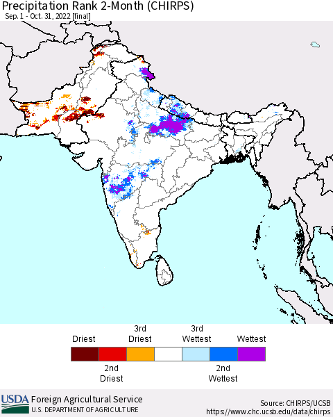 Southern Asia Precipitation Rank since 1981, 2-Month (CHIRPS) Thematic Map For 9/1/2022 - 10/31/2022