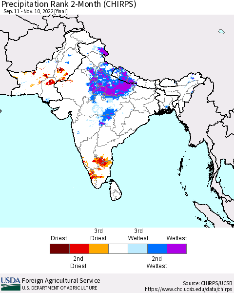 Southern Asia Precipitation Rank since 1981, 2-Month (CHIRPS) Thematic Map For 9/11/2022 - 11/10/2022