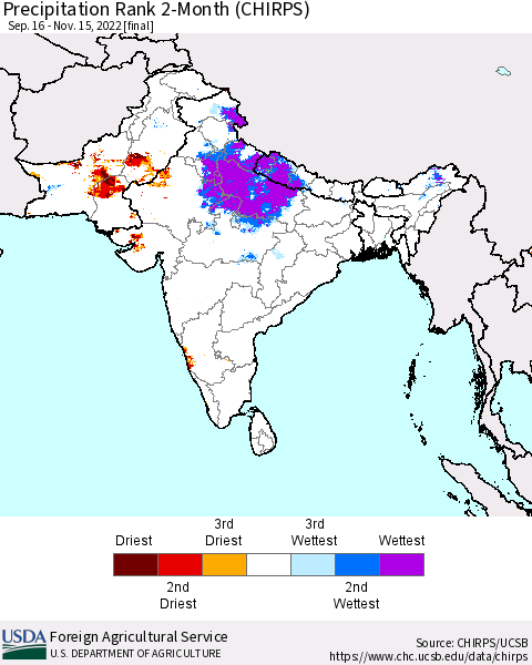 Southern Asia Precipitation Rank since 1981, 2-Month (CHIRPS) Thematic Map For 9/16/2022 - 11/15/2022