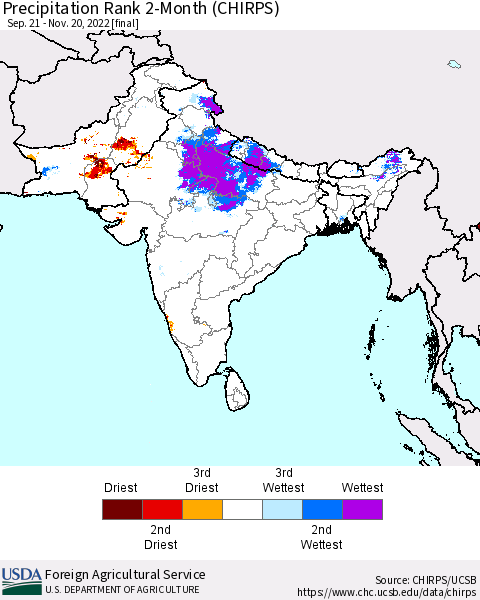 Southern Asia Precipitation Rank since 1981, 2-Month (CHIRPS) Thematic Map For 9/21/2022 - 11/20/2022