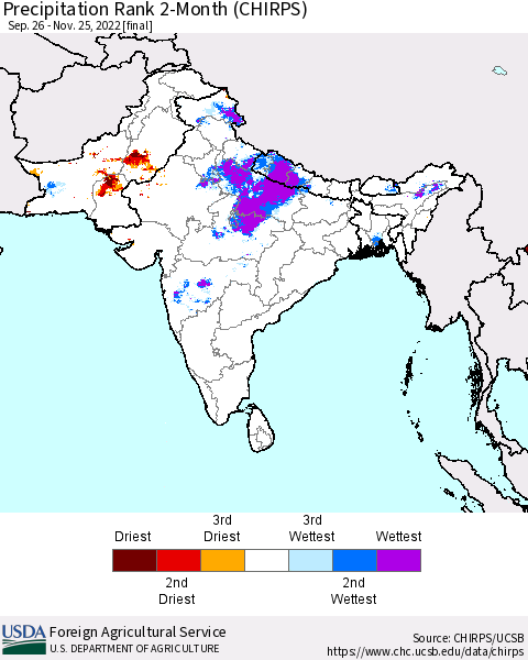 Southern Asia Precipitation Rank since 1981, 2-Month (CHIRPS) Thematic Map For 9/26/2022 - 11/25/2022