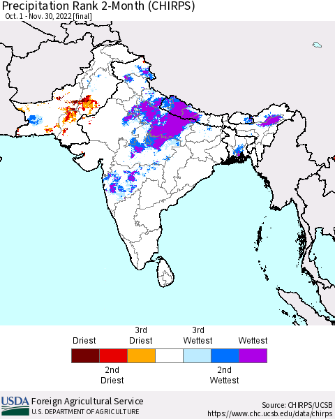 Southern Asia Precipitation Rank since 1981, 2-Month (CHIRPS) Thematic Map For 10/1/2022 - 11/30/2022