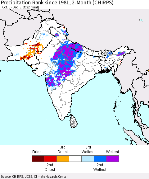 Southern Asia Precipitation Rank since 1981, 2-Month (CHIRPS) Thematic Map For 10/6/2022 - 12/5/2022