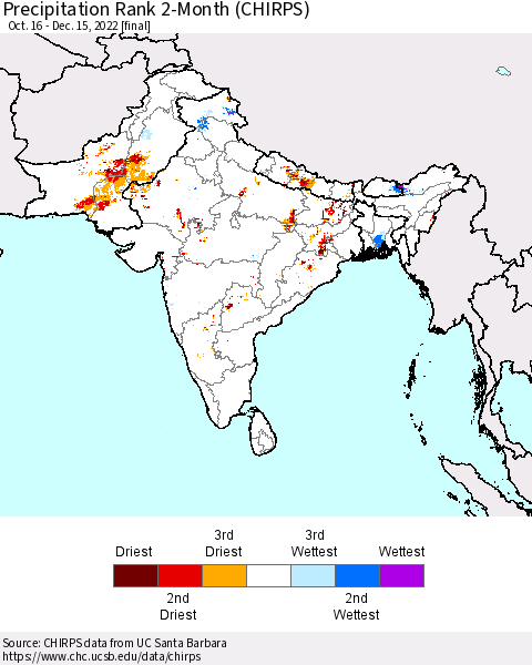 Southern Asia Precipitation Rank 2-Month (CHIRPS) Thematic Map For 10/16/2022 - 12/15/2022