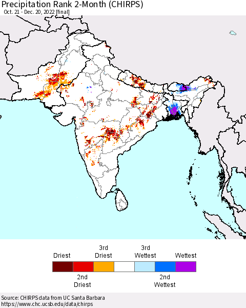 Southern Asia Precipitation Rank 2-Month (CHIRPS) Thematic Map For 10/21/2022 - 12/20/2022