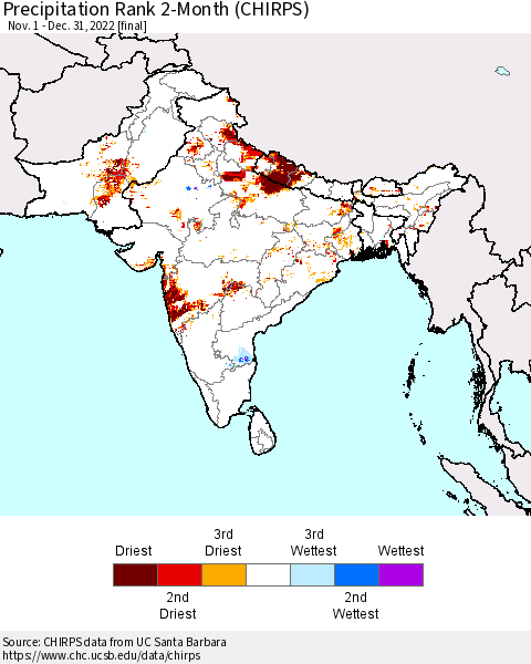 Southern Asia Precipitation Rank 2-Month (CHIRPS) Thematic Map For 11/1/2022 - 12/31/2022