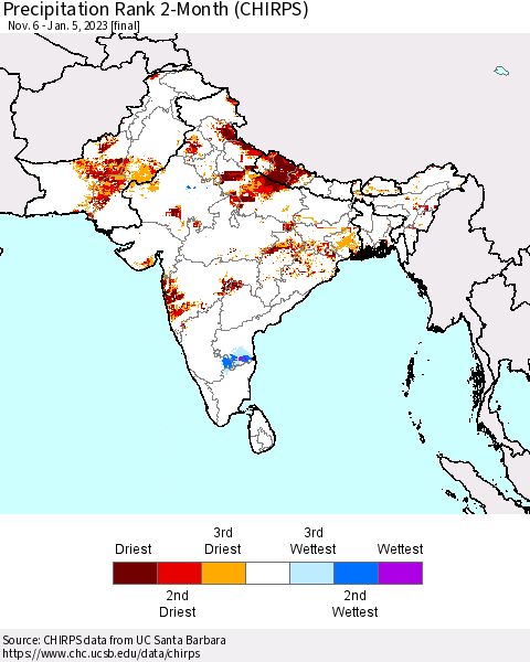 Southern Asia Precipitation Rank since 1981, 2-Month (CHIRPS) Thematic Map For 11/6/2022 - 1/5/2023