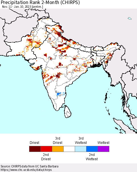 Southern Asia Precipitation Rank 2-Month (CHIRPS) Thematic Map For 11/11/2022 - 1/10/2023