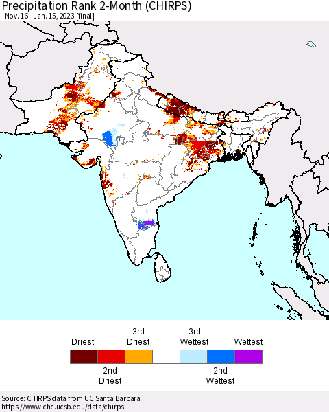 Southern Asia Precipitation Rank 2-Month (CHIRPS) Thematic Map For 11/16/2022 - 1/15/2023