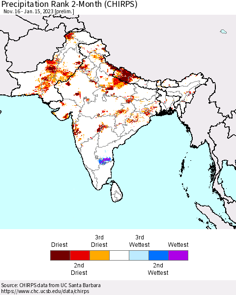 Southern Asia Precipitation Rank 2-Month (CHIRPS) Thematic Map For 11/16/2022 - 1/15/2023
