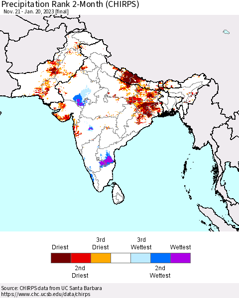 Southern Asia Precipitation Rank since 1981, 2-Month (CHIRPS) Thematic Map For 11/21/2022 - 1/20/2023
