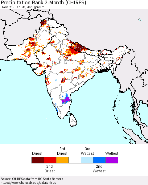 Southern Asia Precipitation Rank 2-Month (CHIRPS) Thematic Map For 11/21/2022 - 1/20/2023