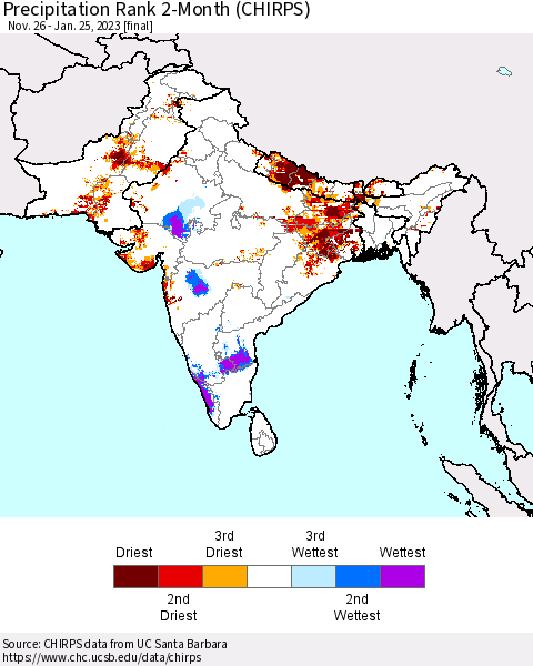 Southern Asia Precipitation Rank since 1981, 2-Month (CHIRPS) Thematic Map For 11/26/2022 - 1/25/2023