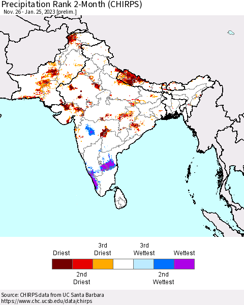 Southern Asia Precipitation Rank 2-Month (CHIRPS) Thematic Map For 11/26/2022 - 1/25/2023