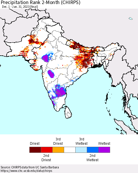 Southern Asia Precipitation Rank since 1981, 2-Month (CHIRPS) Thematic Map For 12/1/2022 - 1/31/2023