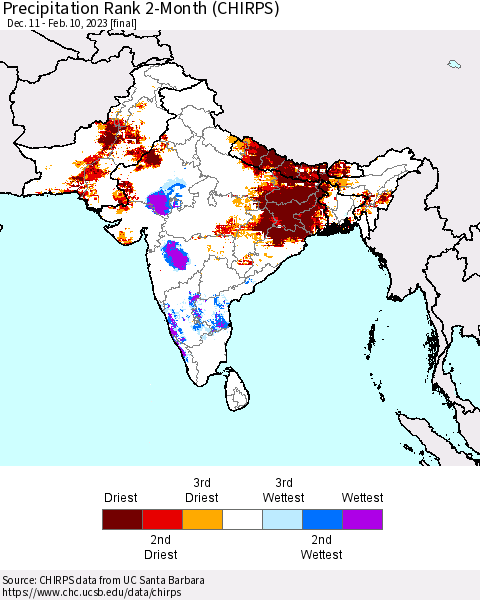 Southern Asia Precipitation Rank since 1981, 2-Month (CHIRPS) Thematic Map For 12/11/2022 - 2/10/2023