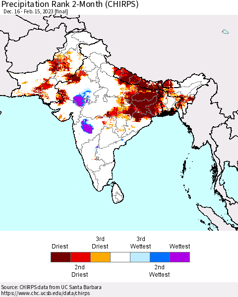Southern Asia Precipitation Rank 2-Month (CHIRPS) Thematic Map For 12/16/2022 - 2/15/2023