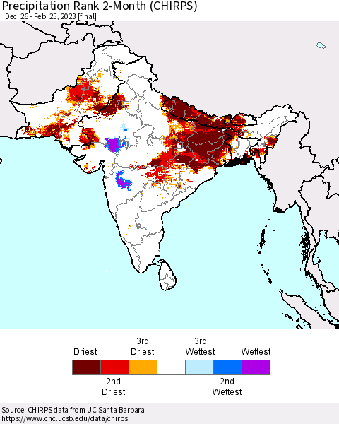 Southern Asia Precipitation Rank 2-Month (CHIRPS) Thematic Map For 12/26/2022 - 2/25/2023