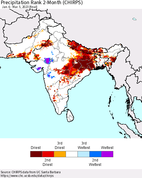 Southern Asia Precipitation Rank since 1981, 2-Month (CHIRPS) Thematic Map For 1/6/2023 - 3/5/2023