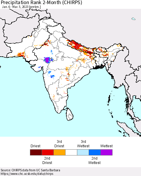 Southern Asia Precipitation Rank 2-Month (CHIRPS) Thematic Map For 1/6/2023 - 3/5/2023