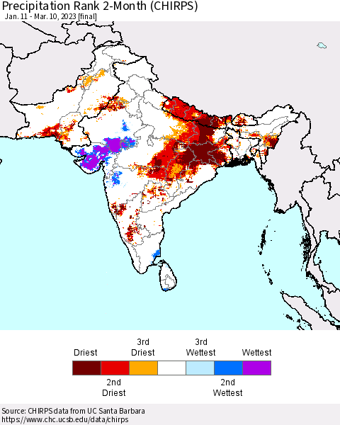 Southern Asia Precipitation Rank since 1981, 2-Month (CHIRPS) Thematic Map For 1/11/2023 - 3/10/2023