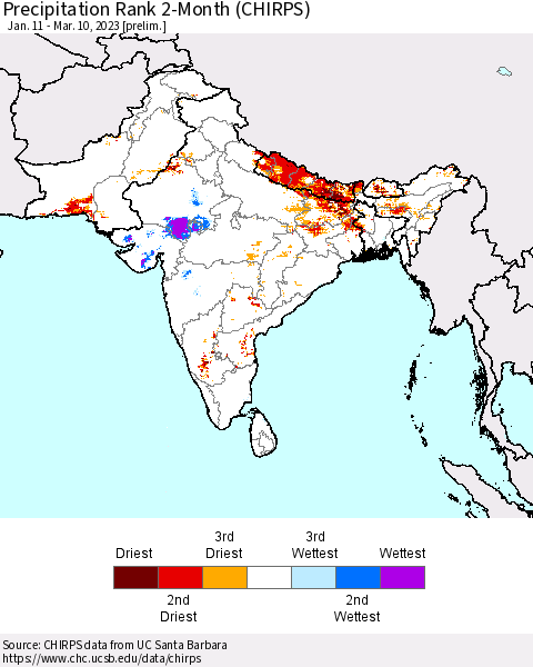 Southern Asia Precipitation Rank 2-Month (CHIRPS) Thematic Map For 1/11/2023 - 3/10/2023
