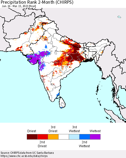 Southern Asia Precipitation Rank since 1981, 2-Month (CHIRPS) Thematic Map For 1/16/2023 - 3/15/2023
