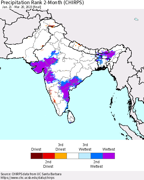 Southern Asia Precipitation Rank since 1981, 2-Month (CHIRPS) Thematic Map For 1/21/2023 - 3/20/2023