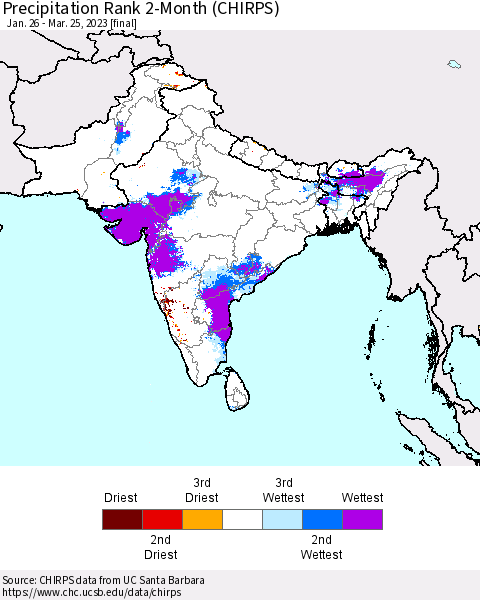 Southern Asia Precipitation Rank since 1981, 2-Month (CHIRPS) Thematic Map For 1/26/2023 - 3/25/2023