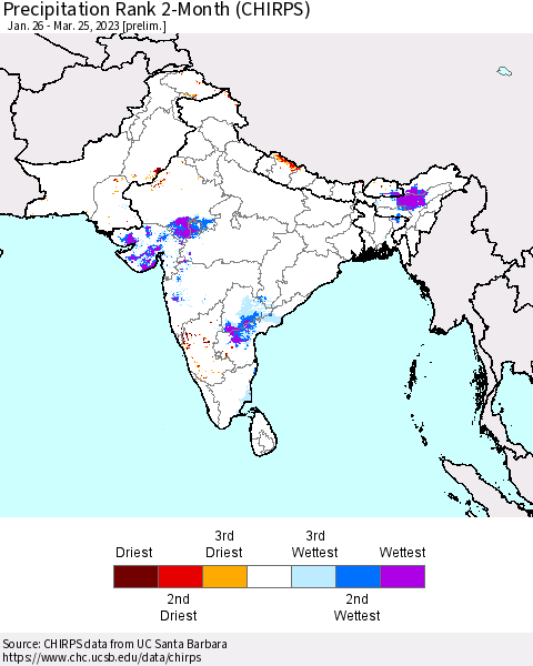 Southern Asia Precipitation Rank 2-Month (CHIRPS) Thematic Map For 1/26/2023 - 3/25/2023