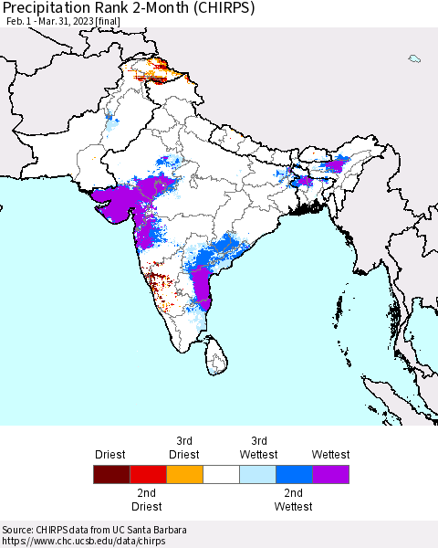 Southern Asia Precipitation Rank since 1981, 2-Month (CHIRPS) Thematic Map For 2/1/2023 - 3/31/2023