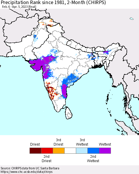 Southern Asia Precipitation Rank since 1981, 2-Month (CHIRPS) Thematic Map For 2/6/2023 - 4/5/2023
