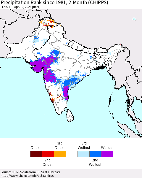 Southern Asia Precipitation Rank since 1981, 2-Month (CHIRPS) Thematic Map For 2/11/2023 - 4/10/2023