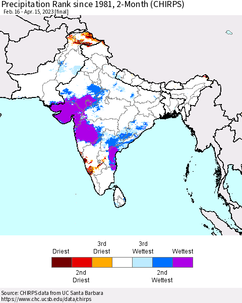 Southern Asia Precipitation Rank since 1981, 2-Month (CHIRPS) Thematic Map For 2/16/2023 - 4/15/2023