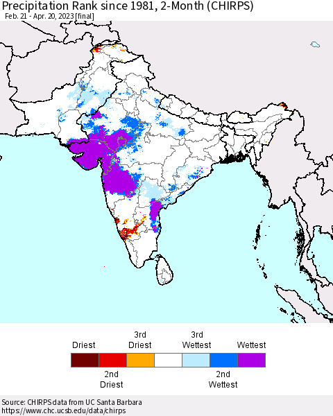 Southern Asia Precipitation Rank since 1981, 2-Month (CHIRPS) Thematic Map For 2/21/2023 - 4/20/2023