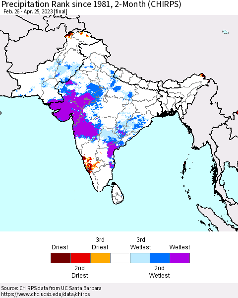 Southern Asia Precipitation Rank since 1981, 2-Month (CHIRPS) Thematic Map For 2/26/2023 - 4/25/2023