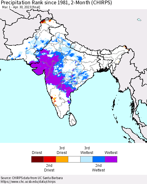 Southern Asia Precipitation Rank since 1981, 2-Month (CHIRPS) Thematic Map For 3/1/2023 - 4/30/2023