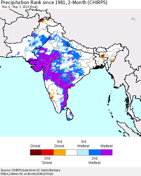 Southern Asia Precipitation Rank since 1981, 2-Month (CHIRPS) Thematic Map For 3/6/2023 - 5/5/2023