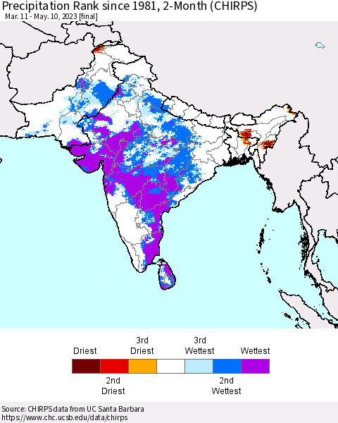 Southern Asia Precipitation Rank since 1981, 2-Month (CHIRPS) Thematic Map For 3/11/2023 - 5/10/2023