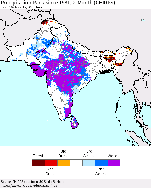 Southern Asia Precipitation Rank since 1981, 2-Month (CHIRPS) Thematic Map For 3/16/2023 - 5/15/2023