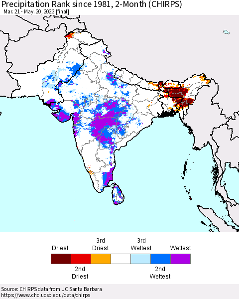 Southern Asia Precipitation Rank since 1981, 2-Month (CHIRPS) Thematic Map For 3/21/2023 - 5/20/2023