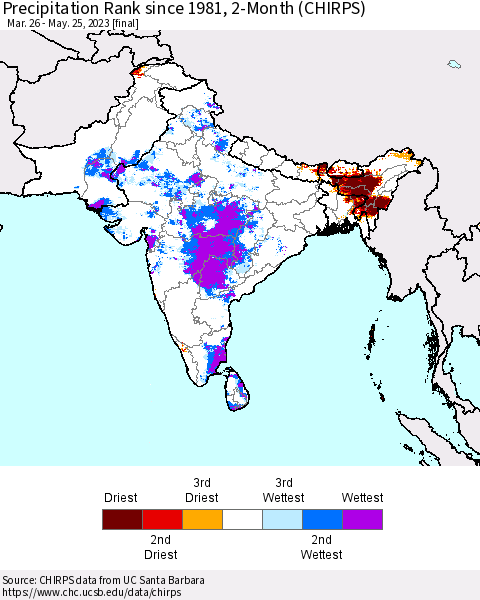 Southern Asia Precipitation Rank since 1981, 2-Month (CHIRPS) Thematic Map For 3/26/2023 - 5/25/2023