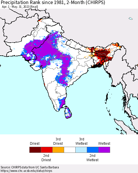 Southern Asia Precipitation Rank since 1981, 2-Month (CHIRPS) Thematic Map For 4/1/2023 - 5/31/2023