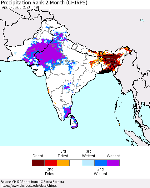 Southern Asia Precipitation Rank since 1981, 2-Month (CHIRPS) Thematic Map For 4/6/2023 - 6/5/2023